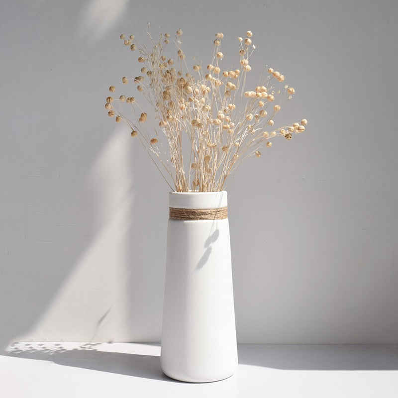 White Ceramic Matte Vase with Hemp Rope