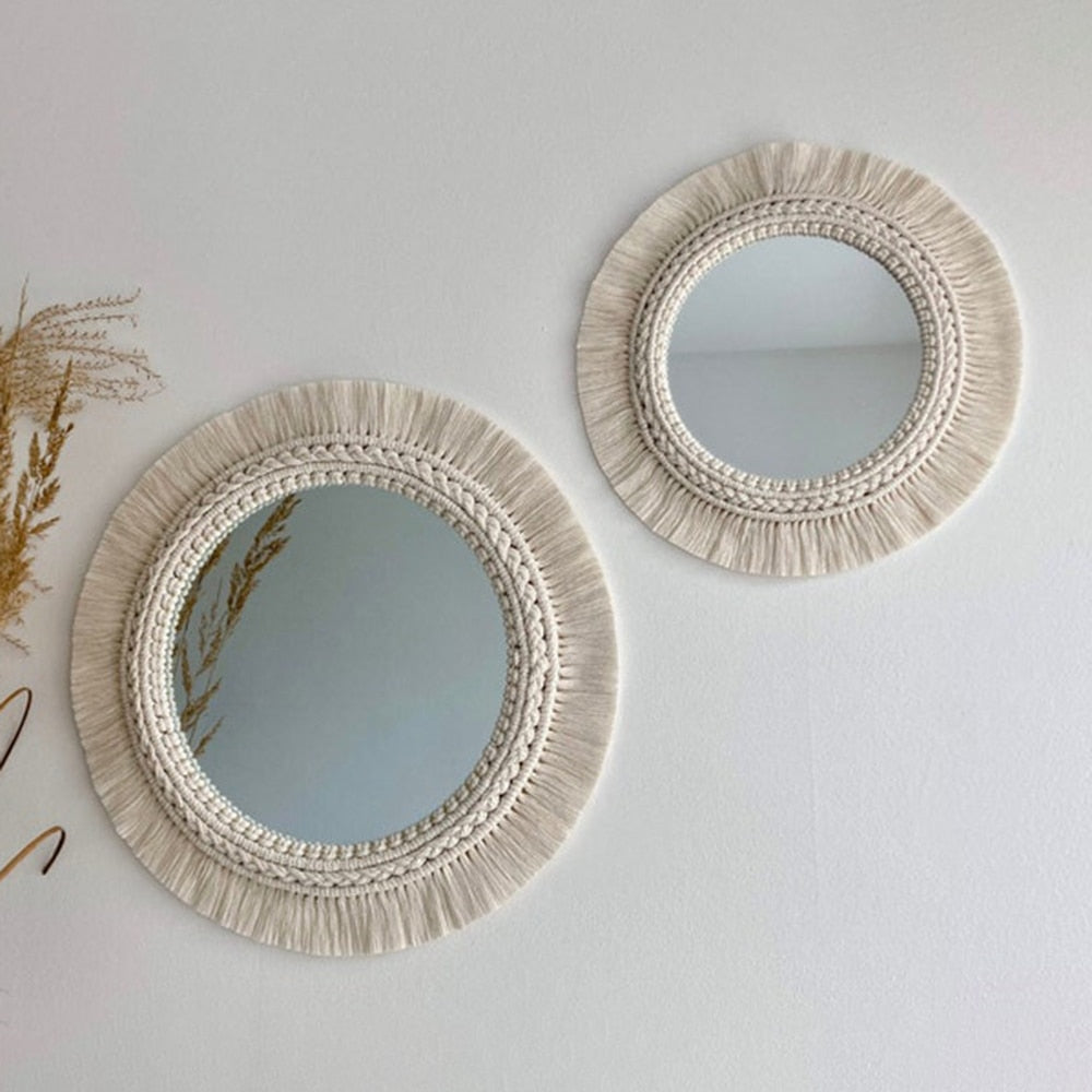 Hanging Wall Decorative Mirror With Macrame Fringe